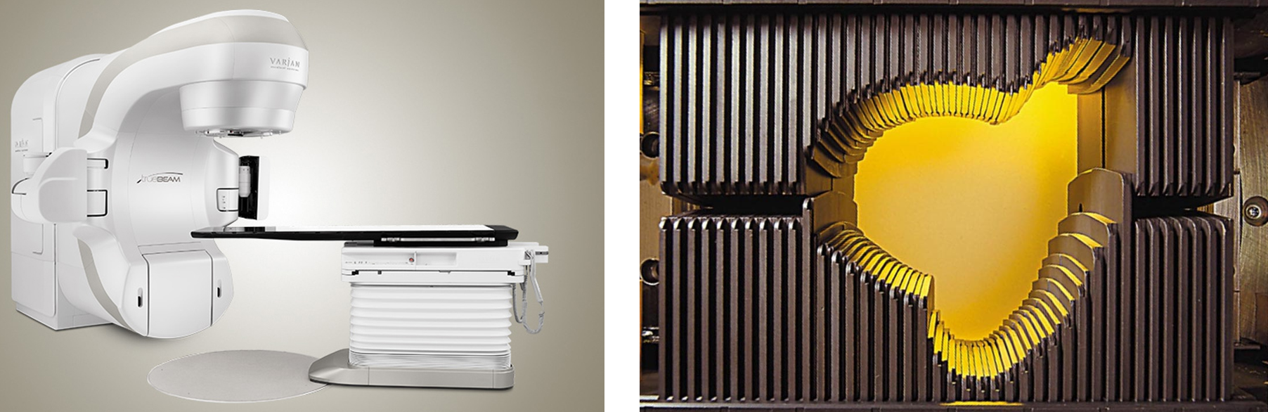 Left: A modern linear accelerator able to deliver volumetric modulated arc therapy. Right: A Multi Leaf Collimator (MLC) system. The leaves can move in and out of the beam's field, shaping the delivered dose.